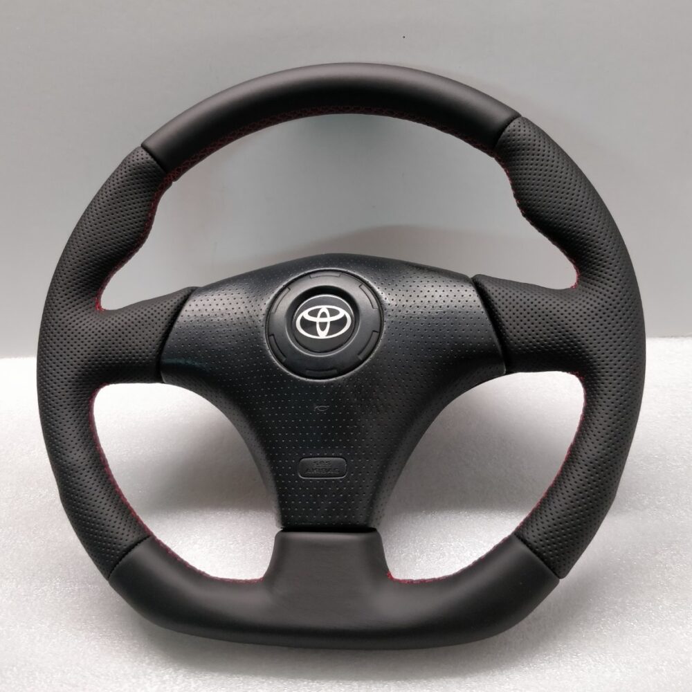 TOYOTA CELICA MR2 STEERING WHEEL FLAT BOTTOM LEATHER CUSTOM RED STITCH ...